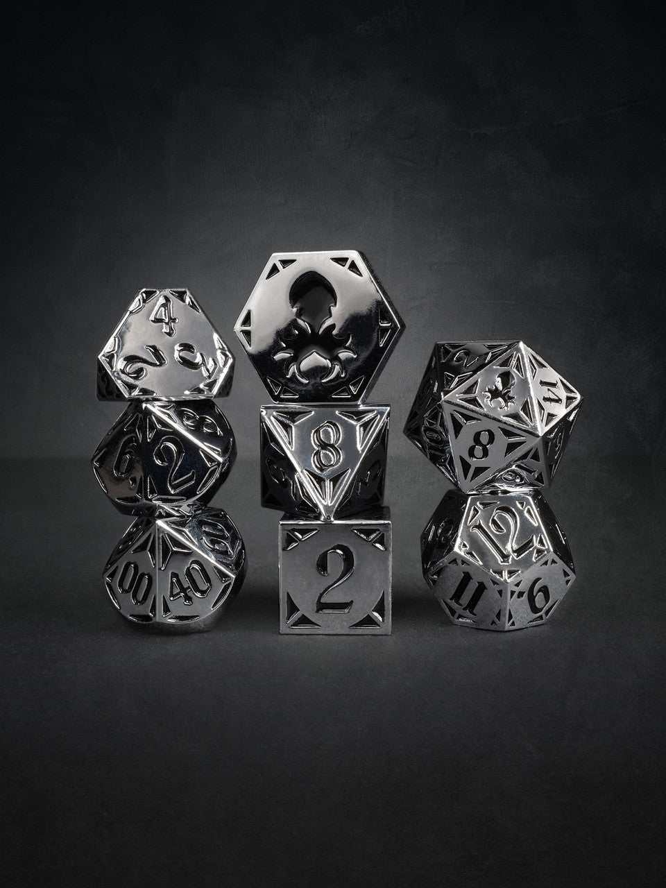 Full Metal Alchesmith 8pc Black and Silver TTRPG Dice Set